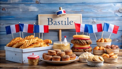 French Bastille Day pastries and treats: festive food display with miniature flags, rustic wooden background.