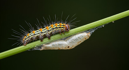 Close-up of a spiky caterpillar crawling along a green stem near its pupal case