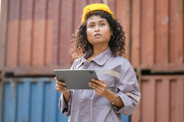 Female Logistics Worker with Tablet at Shipping Container Yard, Young Woman Engineer Inspecting...