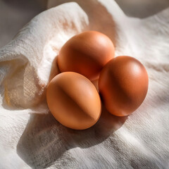 Three fresh brown eggs resting on a soft white cloth, illuminated by natural light. Ideal for breakfast, cooking, healthy eating, or organic food themes.