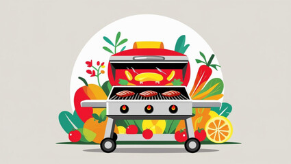 Modern Gas Grill Barbecue Surrounded by Fresh Vegetables and Fruits