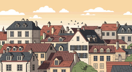 Obraz premium Charming old european city rooftops on a sunny afternoon with birds flying overhead