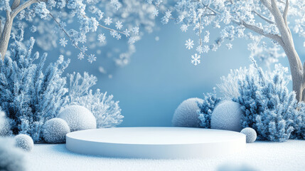 3D Christmas winter scene with white empty podium surrounded by delicate snowflake decor, soft light blue tones, ice crystals, and snowy background for aesthetic seasonal design. Banner copy space