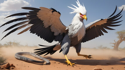 Fototapeta premium With lightning speed, a Secretary Bird delivers a powerful stomp to a venomous snake coiled on the dry earth