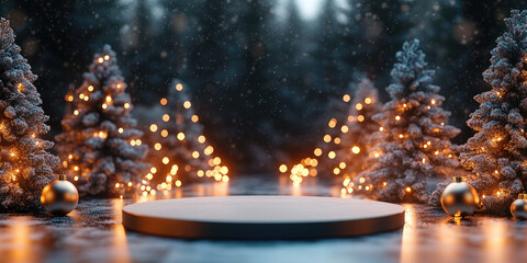 3D product display with circular podium, glowing fairy lights, golden ornaments, and snowy Christmas trees in the background, creating a magical winter holiday atmosphere. Banner with copy space