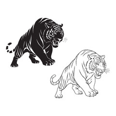 Forest Guardian Presence - Tiger Art Duo - Silhouette & Lineart for High-Quality Use - Tiger silhouette - Tiger lineart - Tiger vector - vector set of Tiger

