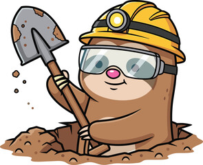 Cartoon mole character wearing yellow helmet and safety goggles digging with shovel in dirt, cute construction worker, cad drawing flat vector