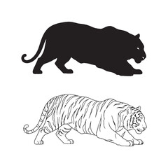Unrivaled Strength Featured - Tiger Outline Pair - Impactful Silhouette and Clear Lineart - Tiger silhouette - Tiger lineart - Tiger vector - silhouette & lineart of Tiger

