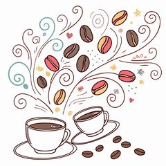 Whimsical coffee cups with flying coffee beans and decorative swirls