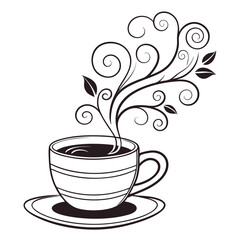 Stylized illustration of a steaming coffee cup with decorative swirls and leaves