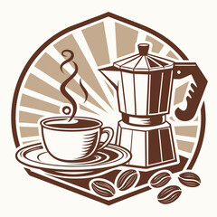 Obraz premium Vintage style coffee emblem with moka pot and steaming cup