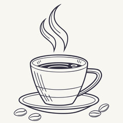 Hand drawn illustration of a steaming cup of coffee with beans