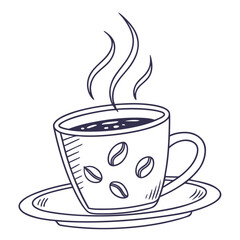 Hand drawn coffee cup with steam and coffee beans on white background