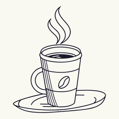 Simple line art drawing of a hot coffee cup with steam on a saucer