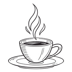 Hand drawn illustration of a steaming cup of coffee on a saucer