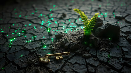 Resilient green plant grows from cracked earth with glowing green particles and an antique key.