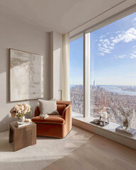 Modern Interior Design Featuring Cozy Armchair and Scenic City View from Tall Window