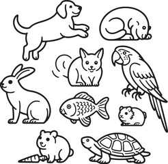 Naklejka premium Domestic Pet Line Art Icons — Outline Set of Small Animals Cat, Dog, Goldfish, Guinea Pig, Rabbit, Turtle, Parrot, Hamster