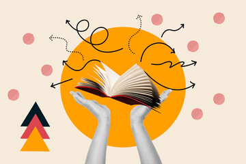 Collage of woman hand and an open book on an orange circle on beige background with circles, arrows...