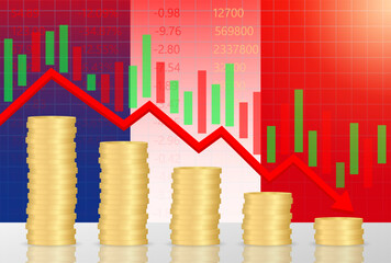 France Economy. Flag of France with Falling Financial Graph. Economic Crisis and Global Recession Concept. Vector Illustration.  