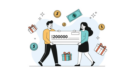 Couple receiving large check for winning money gift prizes and financial fortune