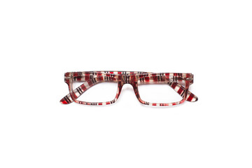 Colored plastic frame eyeglasses on a white background