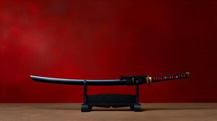 Elegantly displayed katana on a striking red background symbolizes honor and tradition in Japanese culture