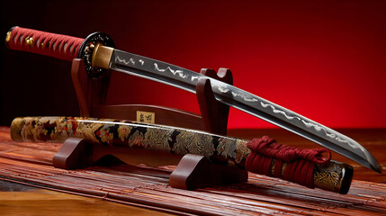 Elegantly displayed katana on a striking red background symbolizes honor and tradition in Japanese culture