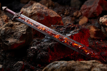 Glowing sword resting on volcanic rock at night showcasing strength and courage in a mythical setting