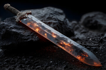 Glowing sword resting on volcanic rock at night showcasing strength and courage in a mythical setting