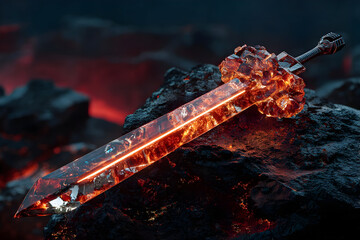 Unique sword crafted from glowing crystal resting among dark rocks, showcasing intricate details and a fiery appearance, representing strength and power in a mystical landscape