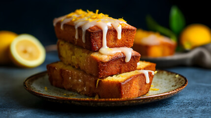 Lemon loaf cake on a decorative plate highlights fresh ingredients and vibrant decoration inviting a delightful culinary experience