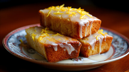 Lemon loaf cake on a decorative plate highlights fresh ingredients and vibrant decoration inviting a delightful culinary experience