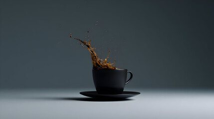 Coffee cup creates a dynamic splash illustrating the energy and warmth associated with a fresh brew in a serene setting