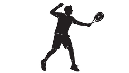 Silhouette of tennis player in action pose with racket, vector illustration on white background