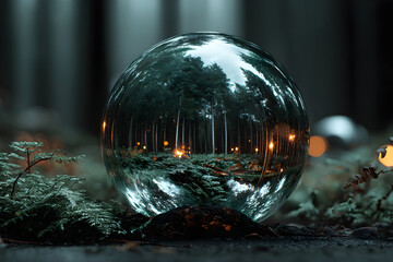 Crystal orb reflecting nature in serene forest during calm daylight showcasing the harmony between nature and imagination