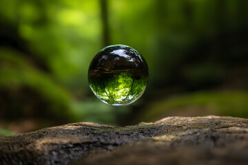 Crystal sphere reflects lush greenery in a serene forest during early morning light, showcasing nature's beauty and tranquility