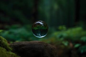 Crystal sphere reflects lush greenery in a serene forest during early morning light, showcasing nature's beauty and tranquility