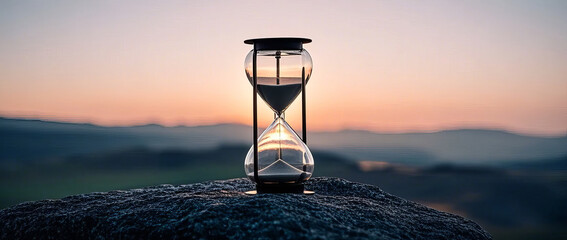 Scene of an hourglass at sunset, representing the passage of time and artistic conception