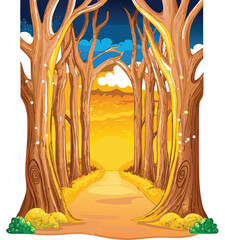 Cartoon Illustration of a Forest Path Leading to a Sunset