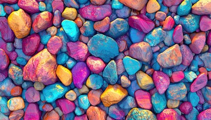 Vibrant colorful pebbles.  A close-up view of many irregularly shaped stones in a riot of hues