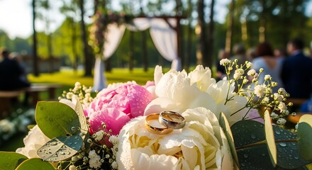 Romantic Wedding Rings Resting on Dew-Kissed Peonies, Outdoor Ceremony Backdrop