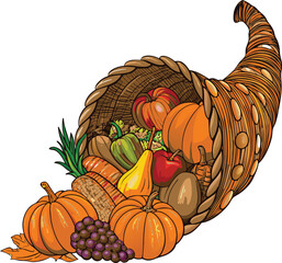 Cornucopia with autumn harvest fruits and vegetables for Thanksgiving celebration