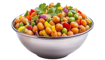 Colorful Chickpea Salad in Silver Bowl Featuring Fresh Vegetables on Transparent Backdrop
