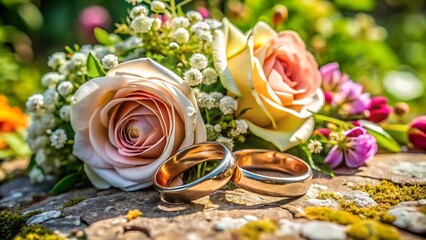 Romantic Wedding Rings Resting on Peach Roses and Baby's Breath Bouquet Outdoors