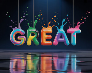 Vibrant colorful balloons spelling great with splashes of paint against a dark background