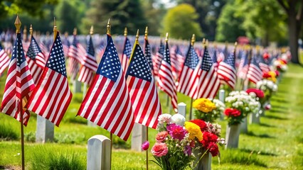 Rows of American flags at a military cemetery, vibrant floral tributes, patriotic remembrance.