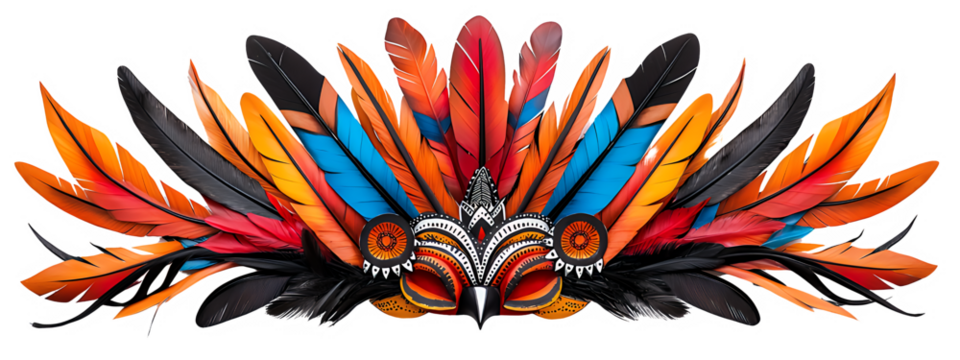 Colorful Feather Headdress with Central Mask on Black Background