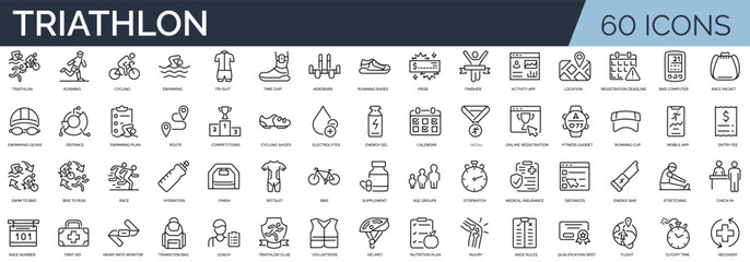 Set of 60 outline icons related to triathlon. Linear icon collection. Editable stroke. Vector illustration