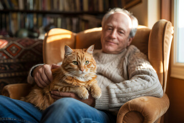 Elderly man comfortably relaxing in an armchair with his beloved ginger cat on his lap